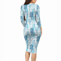 Aloha Hawaii Vintage Kahili Pa'a Lima Long Sleeve Bodycon Dress Palaka Print Oceanic Turquoise LT7 - Polynesian Pride
