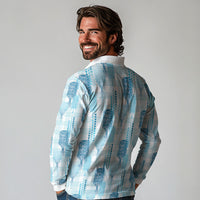 Aloha Hawaii Vintage Kahili Pa'a Lima Long Sleeve Polo Shirt Palaka Print Oceanic Turquoise