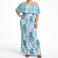 Aloha Hawaii Vintage Kahili Pa'a Lima Off Shoulder Maxi Dress Palaka Print Oceanic Turquoise LT7 Women Turquoise - Polynesian Pride