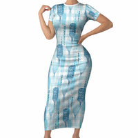 Aloha Hawaii Vintage Kahili Pa'a Lima Short Sleeve Bodycon Dress Palaka Print Oceanic Turquoise LT7 Long Dress Turquoise - Polynesian Pride