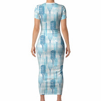 Aloha Hawaii Vintage Kahili Pa'a Lima Short Sleeve Bodycon Dress Palaka Print Oceanic Turquoise LT7 - Polynesian Pride
