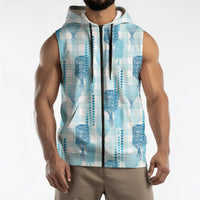 Aloha Hawaii Vintage Kahili Pa'a Lima Sleeveless Zip Hoodie Palaka Print Oceanic Turquoise