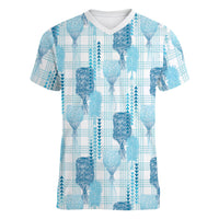 Aloha Hawaii Vintage Kahili Pa'a Lima Women V-Neck T-Shirt Palaka Print Oceanic Turquoise