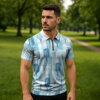 Aloha Hawaii Vintage Kahili Pa'a Lima Zipper Polo Shirt Palaka Print Oceanic Turquoise LT7 - Polynesian Pride