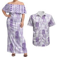 Aloha Hawaii Vintage Kahili Pa'a Lima Couples Matching Off Shoulder Maxi Dress and Hawaiian Shirt Palaka Print Pastel Lavender