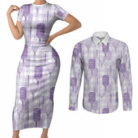 Aloha Hawaii Vintage Kahili Pa'a Lima Couples Matching Short Sleeve Bodycon Dress and Long Sleeve Button Shirt Palaka Print Pastel Lavender LT7 Lavender - Polynesian Pride