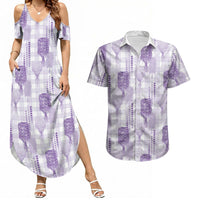 Aloha Hawaii Vintage Kahili Pa'a Lima Couples Matching Summer Maxi Dress and Hawaiian Shirt Palaka Print Pastel Lavender