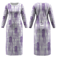 Aloha Hawaii Vintage Kahili Pa'a Lima Family Matching Long Sleeve Bodycon Dress and Hawaiian Shirt Palaka Print Pastel Lavender LT7 Mom's Dress Lavender - Polynesian Pride