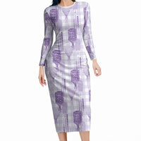 Aloha Hawaii Vintage Kahili Pa'a Lima Long Sleeve Bodycon Dress Palaka Print Pastel Lavender LT7 Long Dress Lavender - Polynesian Pride