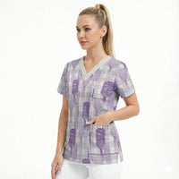 Aloha Hawaii Vintage Kahili Pa'a Lima Scrub Top Palaka Print Pastel Lavender