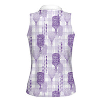 Aloha Hawaii Vintage Kahili Pa'a Lima Women Sleeveless Polo Shirt Palaka Print Pastel Lavender