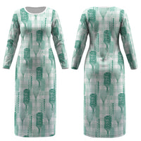 Aloha Hawaii Vintage Kahili Pa'a Lima Couples Matching Long Sleeve Bodycon Dress and Hawaiian Shirt Palaka Print Mossy Teal