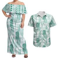 Aloha Hawaii Vintage Kahili Pa'a Lima Couples Matching Off Shoulder Maxi Dress and Hawaiian Shirt Palaka Print Mossy Teal