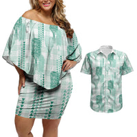 Aloha Hawaii Vintage Kahili Pa'a Lima Couples Matching Off Shoulder Short Dress and Hawaiian Shirt Palaka Print Mossy Teal