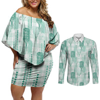Aloha Hawaii Vintage Kahili Pa'a Lima Couples Matching Off Shoulder Short Dress and Long Sleeve Button Shirt Palaka Print Mossy Teal