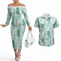 Aloha Hawaii Vintage Kahili Pa'a Lima Couples Matching Off The Shoulder Long Sleeve Dress and Hawaiian Shirt Palaka Print Mossy Teal