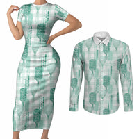 Aloha Hawaii Vintage Kahili Pa'a Lima Couples Matching Short Sleeve Bodycon Dress and Long Sleeve Button Shirt Palaka Print Mossy Teal LT7 Mossy Teal - Polynesian Pride