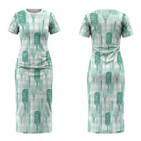 Aloha Hawaii Vintage Kahili Pa'a Lima Couples Matching Short Sleeve Bodycon Dress and Long Sleeve Button Shirt Palaka Print Mossy Teal LT7 - Polynesian Pride