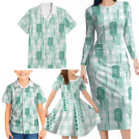 Aloha Hawaii Vintage Kahili Pa'a Lima Family Matching Long Sleeve Bodycon Dress and Hawaiian Shirt Palaka Print Mossy Teal LT7 - Polynesian Pride