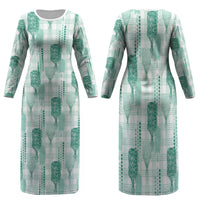 Aloha Hawaii Vintage Kahili Pa'a Lima Family Matching Long Sleeve Bodycon Dress and Hawaiian Shirt Palaka Print Mossy Teal LT7 Mom's Dress Mossy Teal - Polynesian Pride