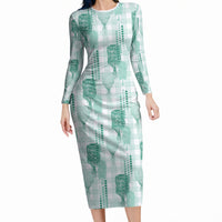 Aloha Hawaii Vintage Kahili Pa'a Lima Long Sleeve Bodycon Dress Palaka Print Mossy Teal LT7 Long Dress Mossy Teal - Polynesian Pride