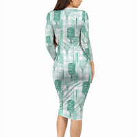 Aloha Hawaii Vintage Kahili Pa'a Lima Long Sleeve Bodycon Dress Palaka Print Mossy Teal LT7 - Polynesian Pride