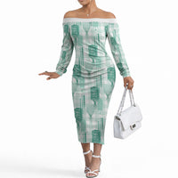 Aloha Hawaii Vintage Kahili Pa'a Lima Off The Shoulder Long Sleeve Dress Palaka Print Mossy Teal LT7 Women Mossy Teal - Polynesian Pride