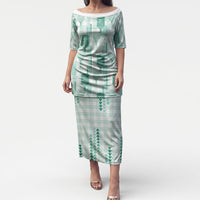 Aloha Hawaii Vintage Kahili Pa'a Lima Puletasi Palaka Print Mossy Teal LT7 Long Dress Mossy Teal - Polynesian Pride