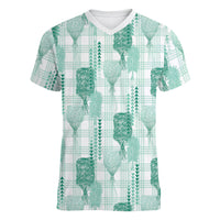 Aloha Hawaii Vintage Kahili Pa'a Lima Women V-Neck T-Shirt Palaka Print Mossy Teal