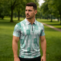 Aloha Hawaii Vintage Kahili Pa'a Lima Zipper Polo Shirt Palaka Print Mossy Teal LT7 - Polynesian Pride