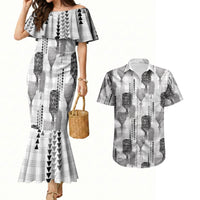 Aloha Hawaii Vintage Kahili Pa'a Lima Couples Matching Mermaid Dress and Hawaiian Shirt Palaka Print Hinahina