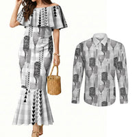 Aloha Hawaii Vintage Kahili Pa'a Lima Couples Matching Mermaid Dress and Long Sleeve Button Shirt Palaka Print Hinahina
