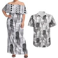 Aloha Hawaii Vintage Kahili Pa'a Lima Couples Matching Off Shoulder Maxi Dress and Hawaiian Shirt Palaka Print Hinahina