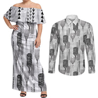 Aloha Hawaii Vintage Kahili Pa'a Lima Couples Matching Off Shoulder Maxi Dress and Long Sleeve Button Shirt Palaka Print Hinahina