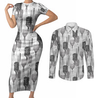 Aloha Hawaii Vintage Kahili Pa'a Lima Couples Matching Short Sleeve Bodycon Dress and Long Sleeve Button Shirt Palaka Print Hinahina LT7 Gray - Polynesian Pride