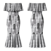Aloha Hawaii Vintage Kahili Pa'a Lima Family Matching Mermaid Dress and Hawaiian Shirt Palaka Print Hinahina LT7 Mom's Dress Gray - Polynesian Pride