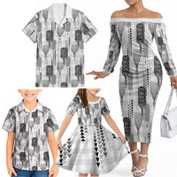 Aloha Hawaii Vintage Kahili Pa'a Lima Family Matching Off The Shoulder Long Sleeve Dress and Hawaiian Shirt Palaka Print Hinahina LT7 - Polynesian Pride