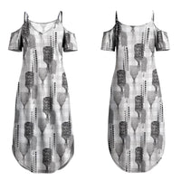 Aloha Hawaii Vintage Kahili Pa'a Lima Family Matching Summer Maxi Dress and Hawaiian Shirt Palaka Print Hinahina LT7 Mom's Dress Gray - Polynesian Pride