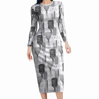 Aloha Hawaii Vintage Kahili Pa'a Lima Long Sleeve Bodycon Dress Palaka Print Hinahina LT7 Long Dress Gray - Polynesian Pride