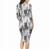 Aloha Hawaii Vintage Kahili Pa'a Lima Long Sleeve Bodycon Dress Palaka Print Hinahina LT7 - Polynesian Pride