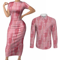 Aloha Hawaii Vintage Kahili Pa'a Lima Couples Matching Short Sleeve Bodycon Dress and Long Sleeve Button Shirt Palaka Print Berry Pink LT7 Pink - Polynesian Pride