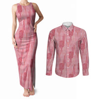 Aloha Hawaii Vintage Kahili Pa'a Lima Couples Matching Tank Maxi Dress and Long Sleeve Button Shirt Palaka Print Berry Pink