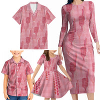 Aloha Hawaii Vintage Kahili Pa'a Lima Family Matching Long Sleeve Bodycon Dress and Hawaiian Shirt Palaka Print Berry Pink LT7 - Polynesian Pride