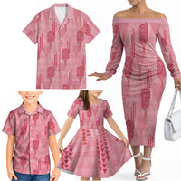 Aloha Hawaii Vintage Kahili Pa'a Lima Family Matching Off The Shoulder Long Sleeve Dress and Hawaiian Shirt Palaka Print Berry Pink LT7 - Polynesian Pride