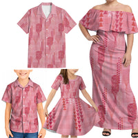 Aloha Hawaii Vintage Kahili Pa'a Lima Family Matching Off Shoulder Maxi Dress and Hawaiian Shirt Palaka Print Berry Pink LT7 - Polynesian Pride