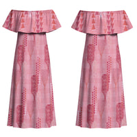 Aloha Hawaii Vintage Kahili Pa'a Lima Family Matching Off Shoulder Maxi Dress and Hawaiian Shirt Palaka Print Berry Pink LT7 Mom's Dress Pink - Polynesian Pride