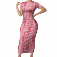 Aloha Hawaii Vintage Kahili Pa'a Lima Short Sleeve Bodycon Dress Palaka Print Berry Pink LT7 Long Dress Pink - Polynesian Pride