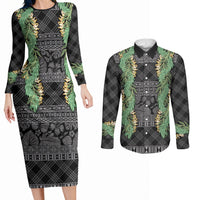 Hawai'i Paniolo Maile Twisted Lei Couples Matching Long Sleeve Bodycon Dress and Long Sleeve Button Shirt Obsidian Black LT7 Black - Polynesian Pride