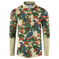 New Zealand Christmas Button Sweatshirt Romantic Tui Birds on Pohutukawa - Ivory - Polynesian Pride