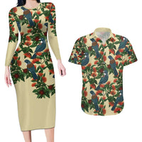 New Zealand Christmas Couples Matching Long Sleeve Bodycon Dress and Hawaiian Shirt Romantic Tui Birds on Pohutukawa - Ivory - Polynesian Pride